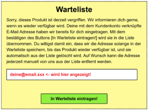 Produkt Warteliste Info mit E-Mail Adresse schleudershop